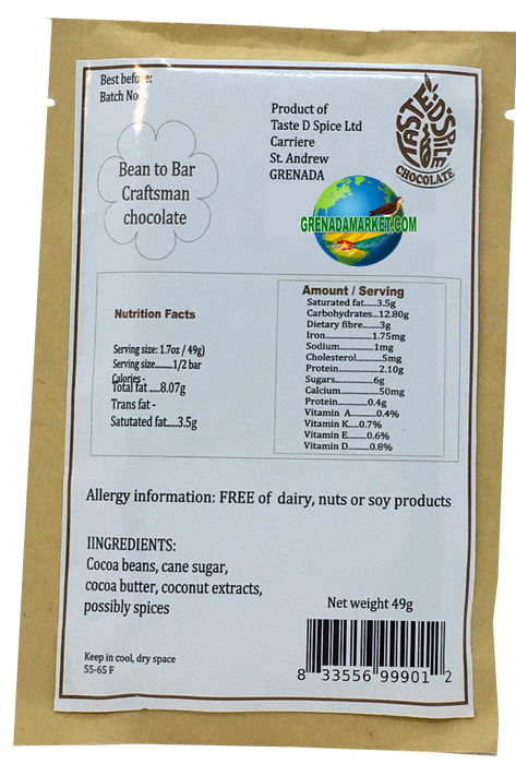 50% Dark Chocolate with Coconut (2 bars) - "Taste D Spice", Grenada, Caribbean