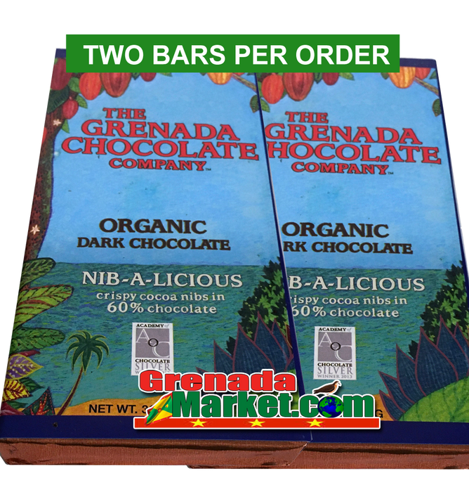 60% Cocoa - Organic Dark Chocolate, Nib-A-Licious, crispy cocoa nibs, 2 Bars - 3oz ea