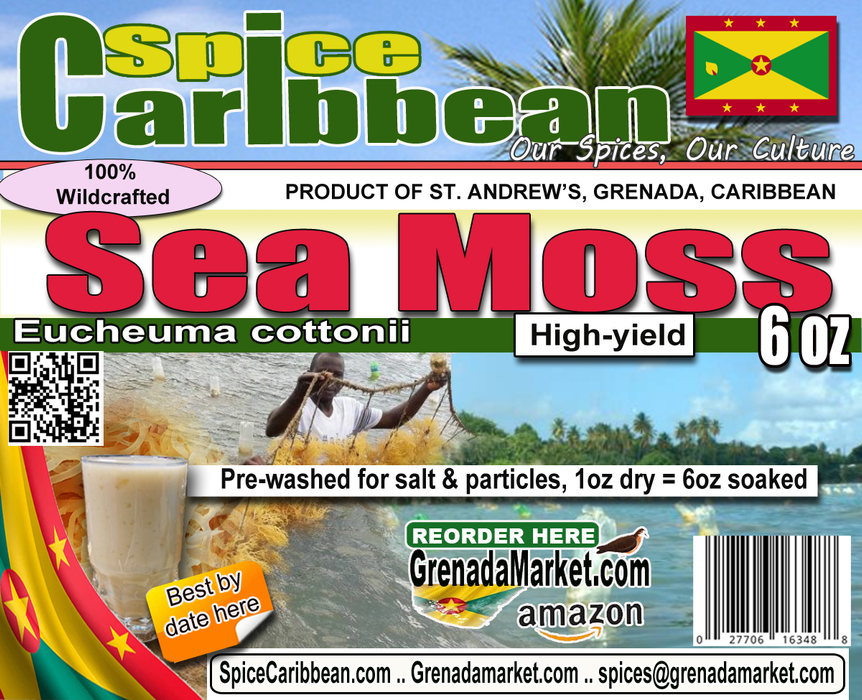 SEA MOSS - Wildcrafted, Dried, Hi-Yield (6 Oz resealable pouch, Product of Grenada)