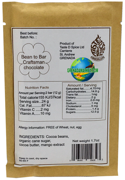 50% Dark Chocolate with Mango (2 bars) - "Taste D Spice", Grenada, Caribbean