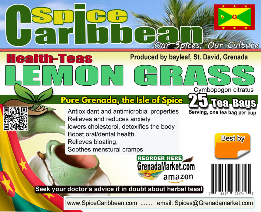 LEMON GRASS - Tea,  25 Bags (Natural, organic, no caffeine) - Grenada, Caribbean