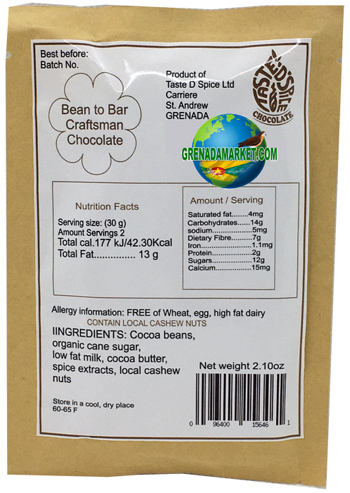 45% Dark Milk Chocolate with Cashew (2 bars) - "Taste D Spice", Grenada, Caribbean