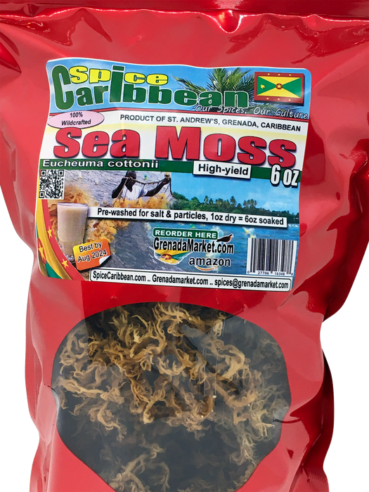 SEA MOSS - Wildcrafted, Dried, Hi-Yield (6 Oz resealable pouch, Product of Grenada)